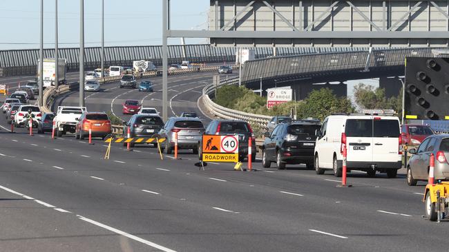 Travellers are facing delays of up to 90 minutes as works along West Gate Bridge for the road down to one lane. Picture David Crosling