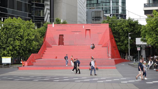 Arron Wood has pledged $9.2m to transform Queensbridge Square to a green space by demolishing its controversial red stairs. Picture: David Caird