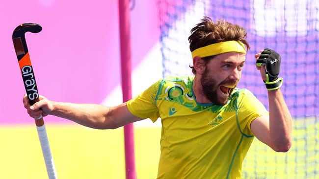 BIRMINGHAM, ENGLAND - AUGUST 08: Flynn Ogilvie of Team Australia celebrates after scoring their sides second goal during the Men's Hockey - Gold Medal Match between Australia and India on day eleven of the Birmingham 2022 Commonwealth Games at University of Birmingham Hockey & Squash Centre on August 08, 2022 on the Birmingham, England. (Photo by Elsa/Getty Images)