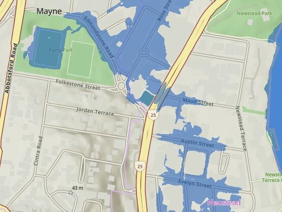 Brisbane flood mapping for Cyclone Alfred: Mayne and Newstead
