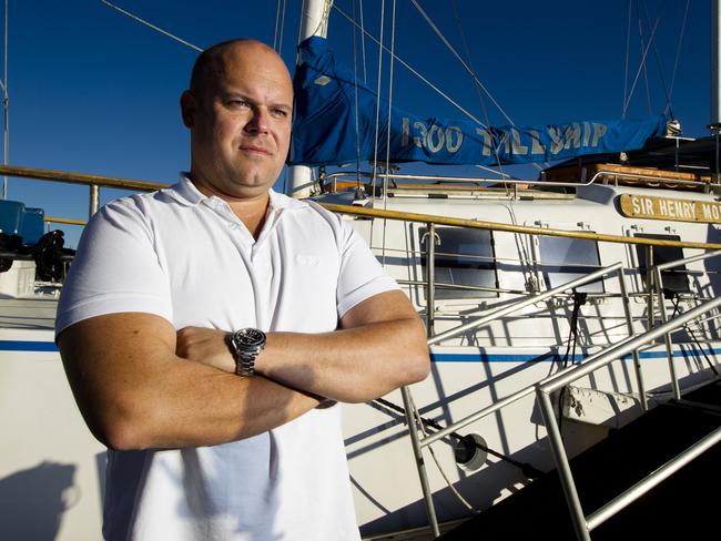 Whale Watching Gold Coast and Tall Ship Cruises general manager Jason Nicholls standing with one of his vessels. Story being written about Hervey Bay whale watching operators complaining about the change to state government laws which will see Gold Coast operators paying no fees, while their competitors are hit.