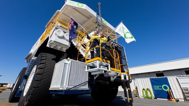 Andrew Forrest and Julie Shuttleworth in June 2022, to announce a new partnership between Fortescue and multinational equipment manufacturer Liebherr for the development and supply of green mining haul trucks.