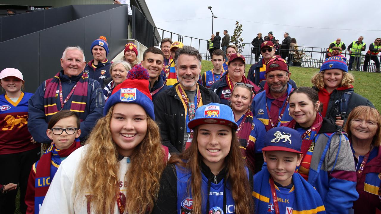 Brisbane fans and its cheer squad, plus its helper for the day. Picture: Brett Hartwig