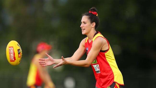 GOLD COAST, AUSTRALIA - MARCH 03: Cheyenne Hammond catches during a Gold Coast Suns AFLW training session on March 03, 2020 in Gold Coast, Australia. (Photo by Chris Hyde/Getty Images)