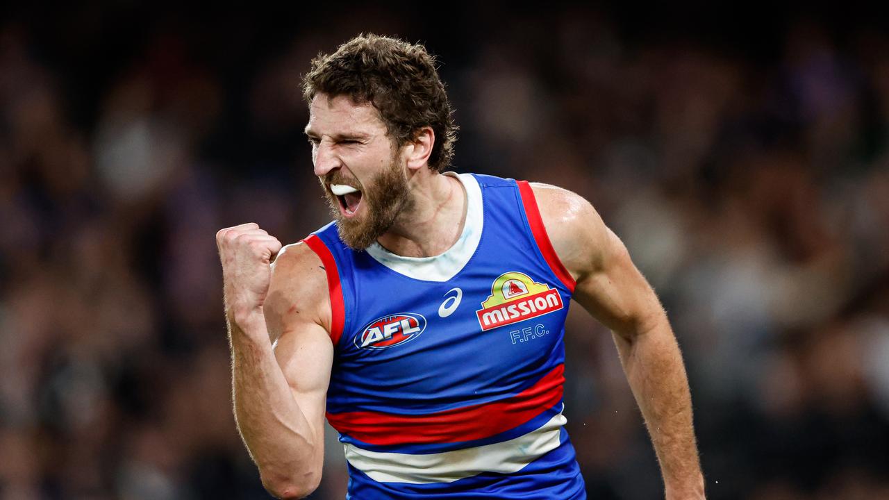 MELBOURNE, AUSTRALIA - MAY 31: Marcus Bontempelli of the Bulldogs celebrates a goal during the 2024 AFL Round 12 match between the Collingwood Magpies and the Adelaide Crows at The Melbourne Cricket Ground on May 31, 2024 in Melbourne, Australia. (Photo by Dylan Burns/AFL Photos via Getty Images)