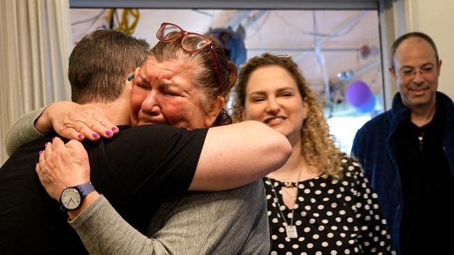 Members of Israeli hostage Ofer Kalderon's family react upon hearing the news of his release. Picture: AFP