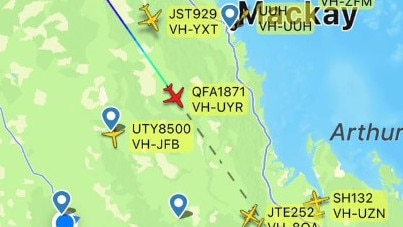 QF1871 (in red) between Mackay and Rockhampton. Picture: FlightRadar