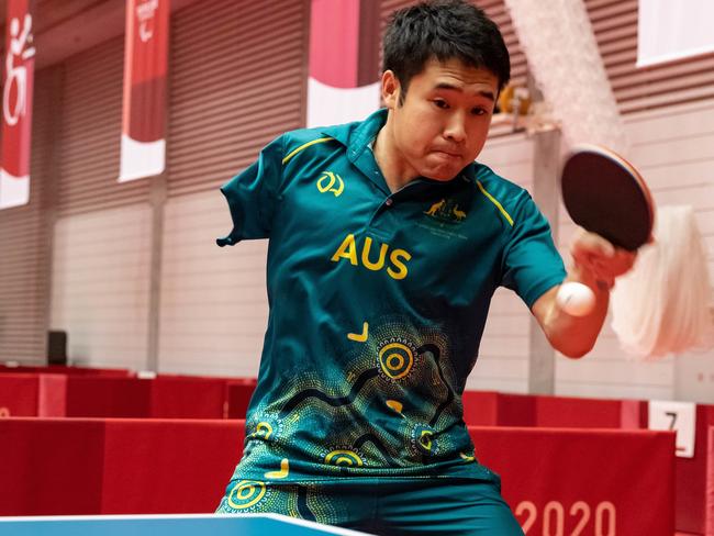 Australia's Table Tennis Team new addition Ma Lin practising prior to his medal-winning match. Picture: Sport the library / Greg Smith / PA