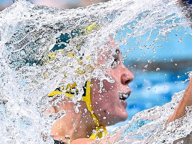 Tokyo , Japan - 24 July 2021; Hannah Buckling of Australia in action against Emma Wright of Canada during the Women's Preliminary Round Group A match between Canada and Australia at the Tatsumi Water Polo Centre during the 2020 Tokyo Summer Olympic Games in Tokyo, Japan. (Photo By Ramsey Cardy/Sportsfile via Getty Images)