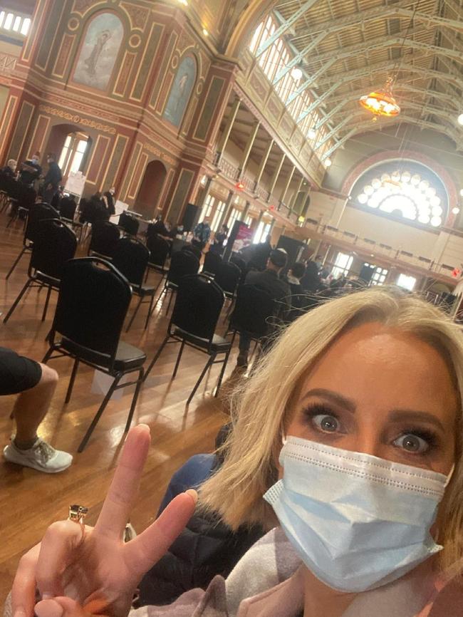 Carrie Bickmore waiting to get her jab in Melbourne.