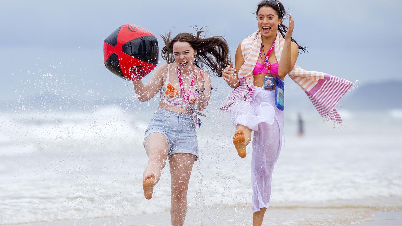 Charley Cranitch and Aylish Ware, 17, at Schoolies at Surfers Paradise on the Gold Coast on Sunday. Picture: Jerad Williams.