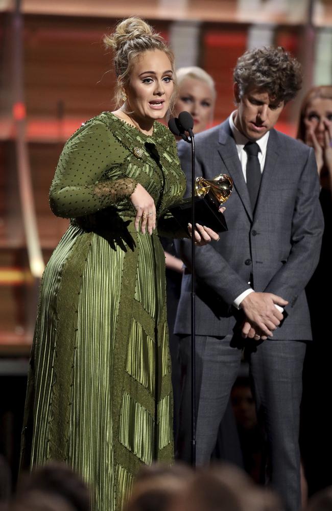 Adele accepts the award for song of the year for “Hello” during The 59th GRAMMY Awards at STAPLES Center on February 12, 2017 in Los Angeles, California. Picture: AP