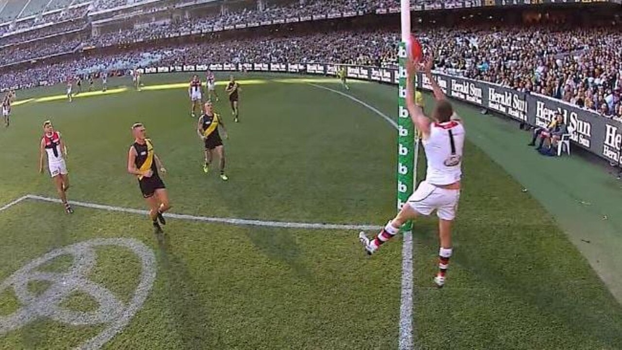 The score review umpire judged that Tom Hickey touched this ball before it crossed the line.