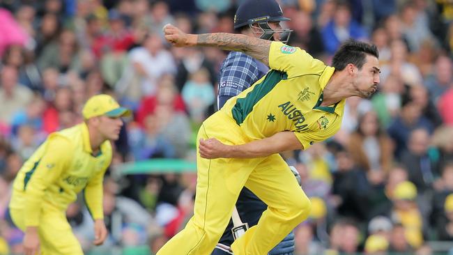 CWC: Cricket World Cup Australia vs. Scotland, Bellerive Oval. BYLINE: LUKE BOWDEN: Mitchell Johnson bowling