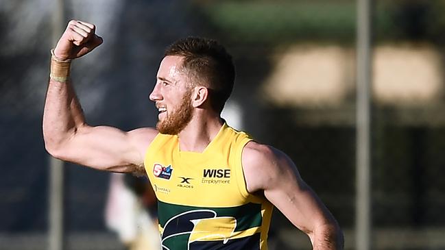 Former Woodville-West Torrens Tristan Carcuro was a standout for Sacred Heart Old Collegians against Broadview. Picture: Mark Brake