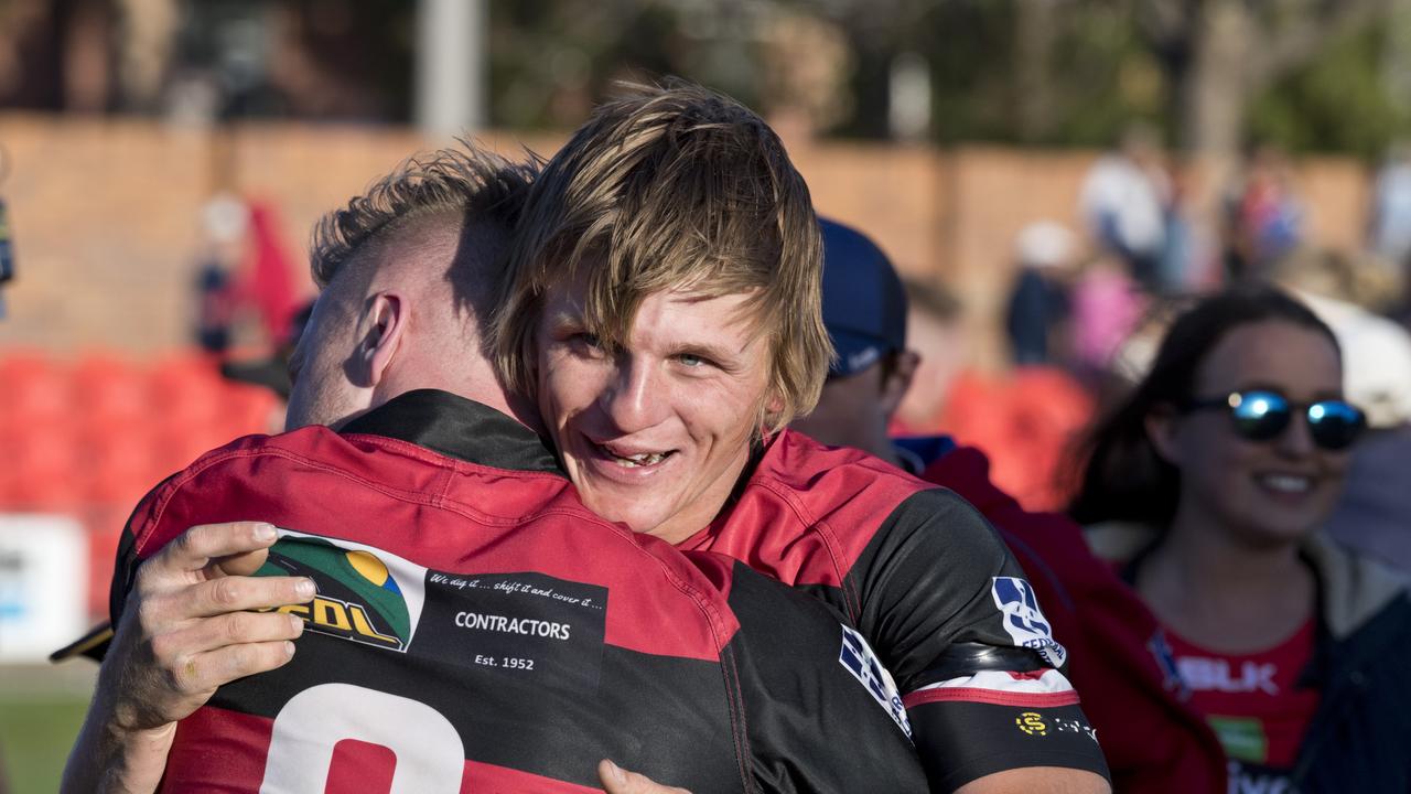 Nathan Bowering and Dylan Chown celebrate the win. TRL grand final, Valleys vs Warwick Cowboys. Sunday, 8th Sep, 2019.