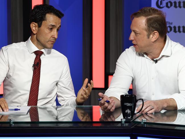 ## POOL IMAGES ## Queensland Premier Steven Miles and Leader of the LNP Opposition David Crisafulli pictured during the Courier Mail Leaders debate ahead of this years Queensland election and before two by-elections this weekend. Brisbane Tuesday 12th March 2024 Picture David Clark