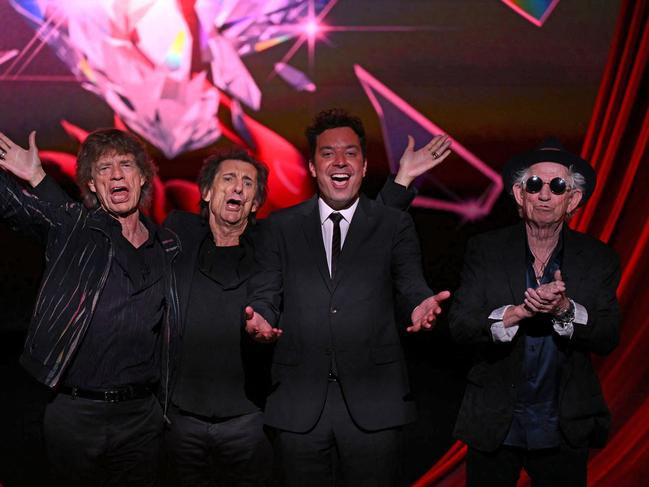 US talk show host Jimmy Fallon interviewed the legendary band on stage in London. Picture: AFP