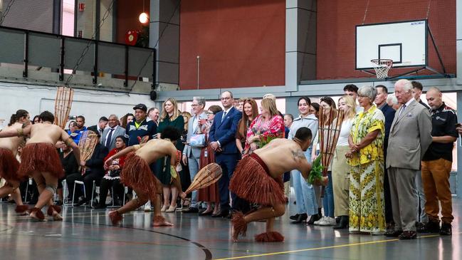King Charles III (Front R) speaks with Jody Broun, CEO of National Indigenous Australians Agency, while watching a traditional performance during a visit to the National Centre of Indigenous Excellence on October 22, Picture: Roni Bintang/Getty Images