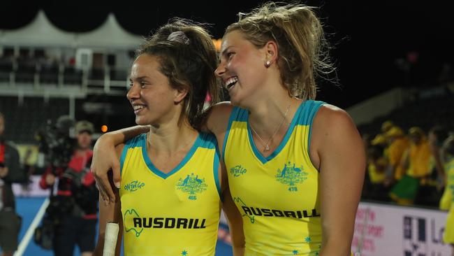 Brooke Peris and Maddy Fitzpatrick celebrate their Quarterfinal victory at the FIH Women's Hockey World Cup in 2018 in London. Picture: Christopher Lee.