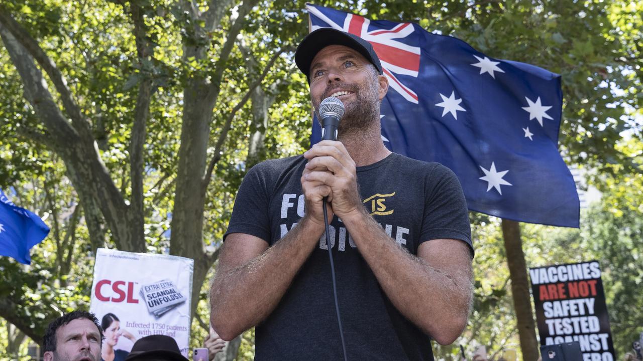 Evans addresses the faithful at a 2021 anti-vax rally. Picture: Brook Mitchell/Getty Images