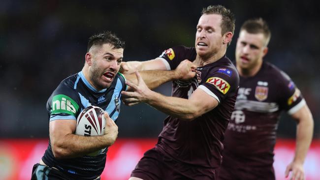 Blues fullback James Tedesco makes a break to set up a try for Tom Trbojevic. Picture: Brett Costello