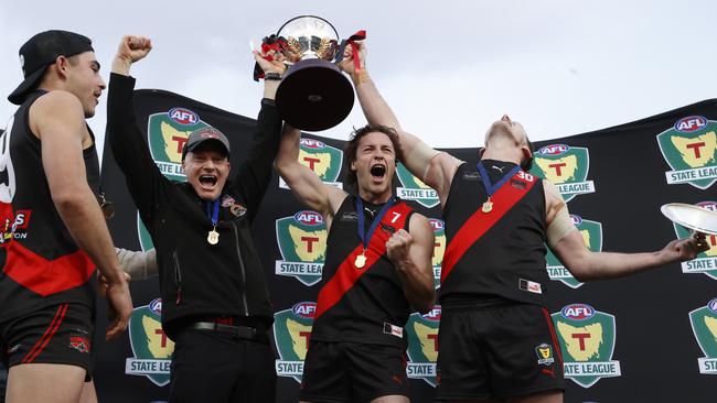 Adrian Smith North Launceston coach with Fletcher Bennett and Alex Lee. TSL grand final 2024 - North Launceston V Lauderdale. Picture: Nikki Davis-Jones