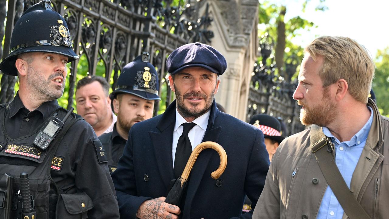 Former football player David Beckham leaves Westminster Hall, at the Palace of Westminster, in London on September 16, 2022 after paying his respects to the coffin of Queen Elizabeth II as it Lies in State. Picture: Louisa Gouliamaki / AFP