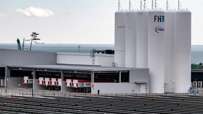 Hydrogen storage and supply facilities behind solar power generation facilities at the Fukushima hydrogen energy research field in Japan. The planned Gladstone facility will be many times larger. Picture: Philip Fong/AFP