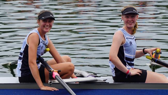 Grafton High's McKenna Wearing and Nadia Smith after winning the Under-16 Girls Double Scull at the NSW Combined High Schools Championships. Photo Nicole Smith