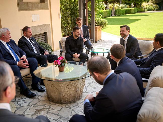 Volodymyr Zelensky (C-L), Vice President of the United States JD Vance (C) and U.S. Secretary of State Marco Rubio (C-R) talking during their meeting in Rome. Picture: AFP