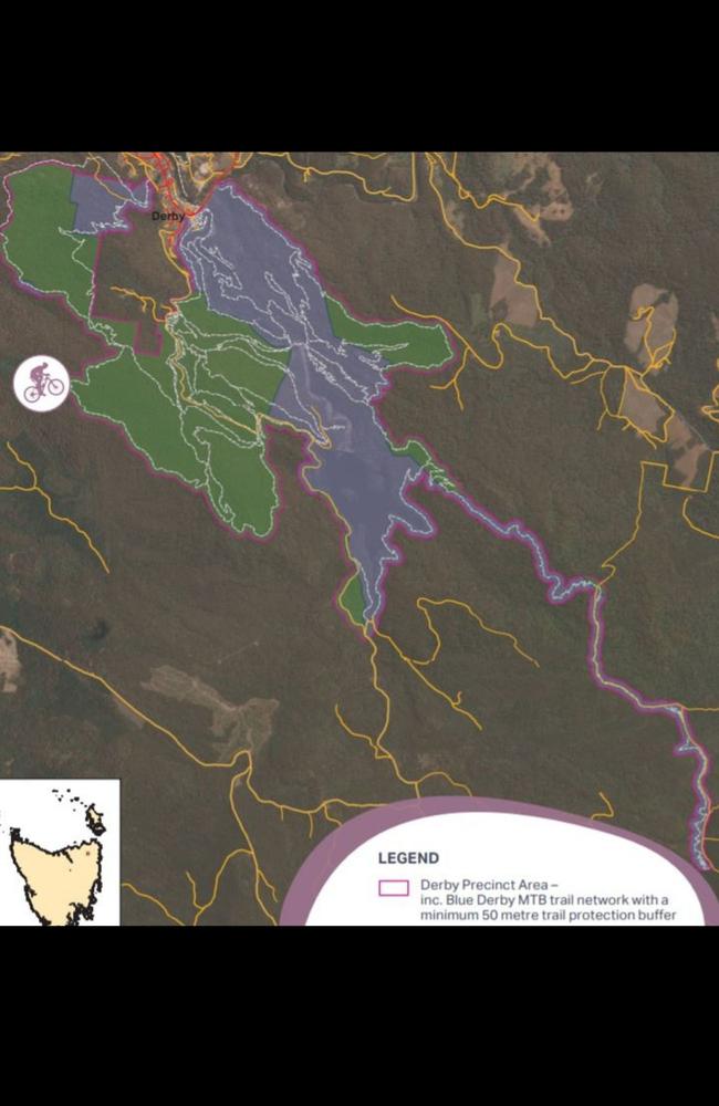 Area to be protected under the Derby Concept Plan. The white dotted lines represent Blue Derby MTB trails. The purple border is the area to be protected. Green areas are STT Permanent Timber Production Zones. Blue is Crown land managed by Tasmania Parks and Wildlife Service. Picture: Sustainable Timber Tasmania