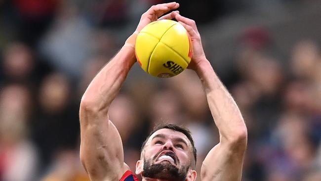 MELBOURNE, AUSTRALIA - APRIL 30: Joel Smith of the Demons marks during the round seven AFL match between the Melbourne Demons and the Hawthorn Hawks at Melbourne Cricket Ground on April 30, 2022 in Melbourne, Australia. (Photo by Quinn Rooney/Getty Images)