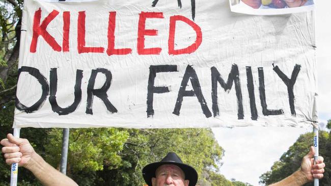 Gavin Aylward protests the meeting of the AAT outsite Novotel Twin Waters. His daughter Korrine Aylward was murdered by Turkish National Mustafa Kunduraci who would have been deported before the murder had the forerunner to the AAT not overturned the deportation decision. Picture: Lachie Millard