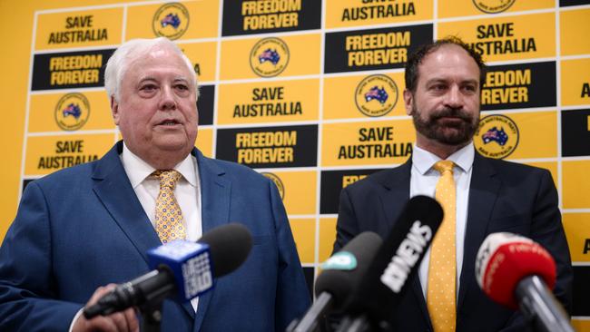 UAP leader Clive Palmer with the newly appointed Victorian Leader of the UAP, Geoff Shaw on Wednesday. Picture: NCA NewsWire / Luis Ascui