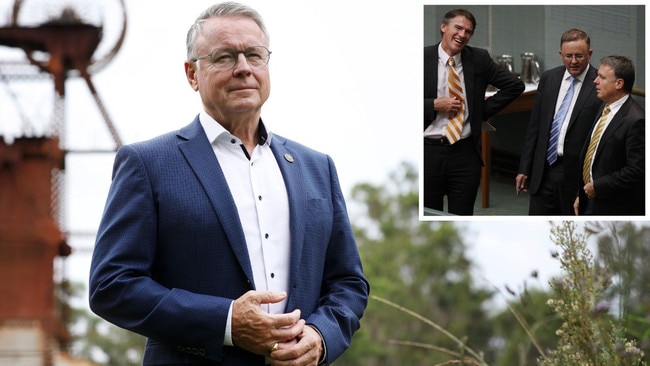 Former Labor frontbenchers Joel Fitzgibbon in Kitchener, NSW, on Monday; inset, with Anthony Albanese and independent Rob Oakeshott in 2010. Picture: Jane Dempster, Ray Strange