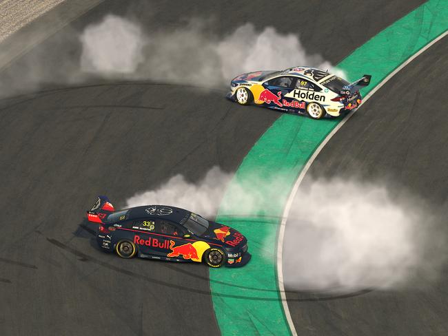 Real or virtual? Shane van Gisbergen and Max Verstappen celebrate their podium finishes. Picture: Clive Rose/Getty