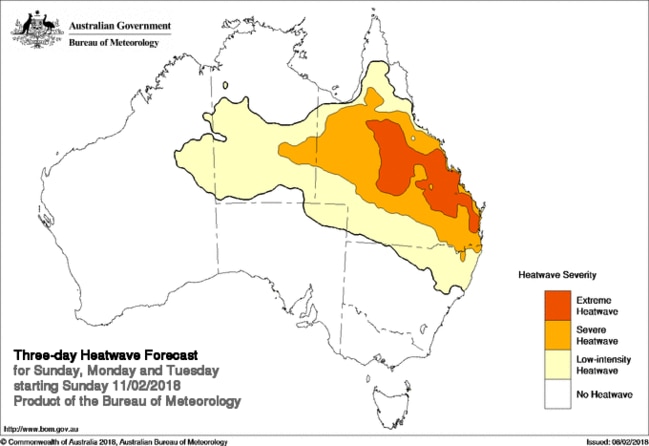 The Bureau of Meteorology’s three-day Queensland heatwave forecast. Source: Bureau of Meteorology