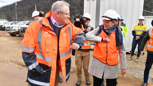 Scott Morrison greets Liberal candidate for Eden-Monaro Fiona Kotvojs at Lobs Hole, near Mount Selwyn in the Snowy Mountains. Picture: AAP