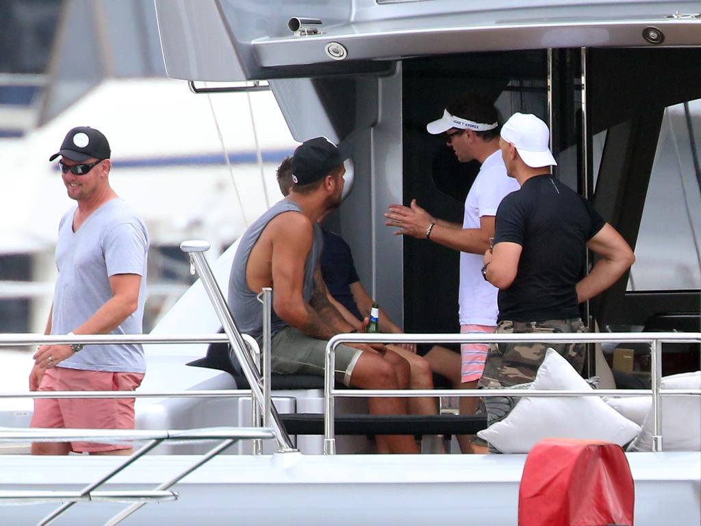 Buddy Franklin, Michael Clarke, Anthony Bell and Karl Stefanovic enjoying drinks on Anthony Bell boat Ghost back in 2015. Credit: Supplied.
