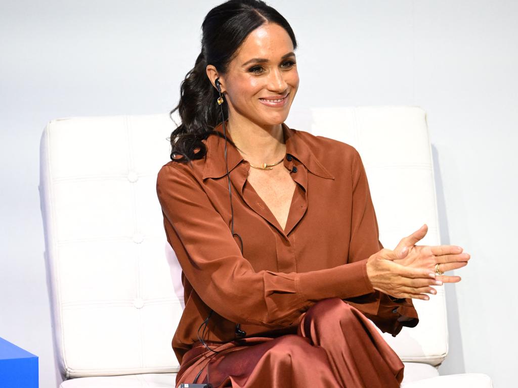 Meghan Markle smiles during the 'Responsible Digital Future' forum in Bogota. Picture: AFP