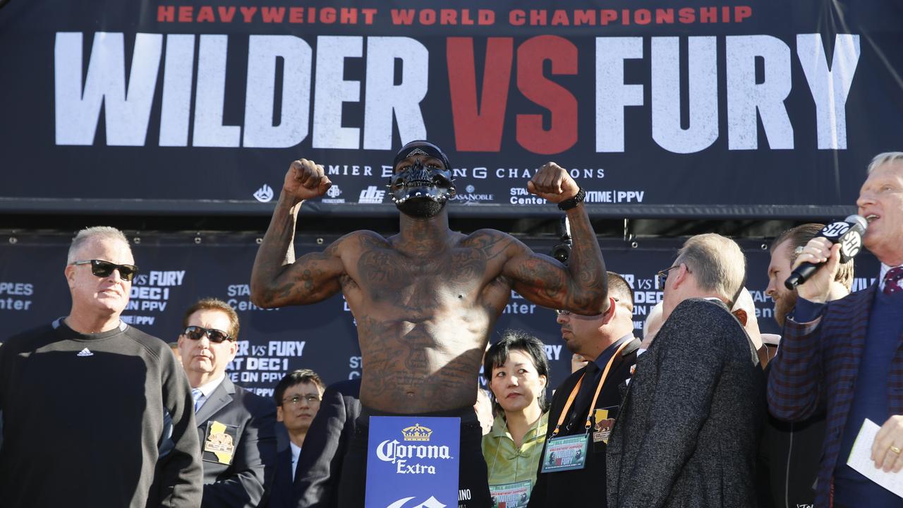 WBC heavyweight titleholder boxer Deontay Wilder during his weigh-in for his fight with Tyson Fury. (AP Photo/Damian Dovarganes)