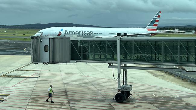 An American Airlines Boeing 777 at Canberra Airport after being diverted from Sydney. Picture: Nathan Patrech/X