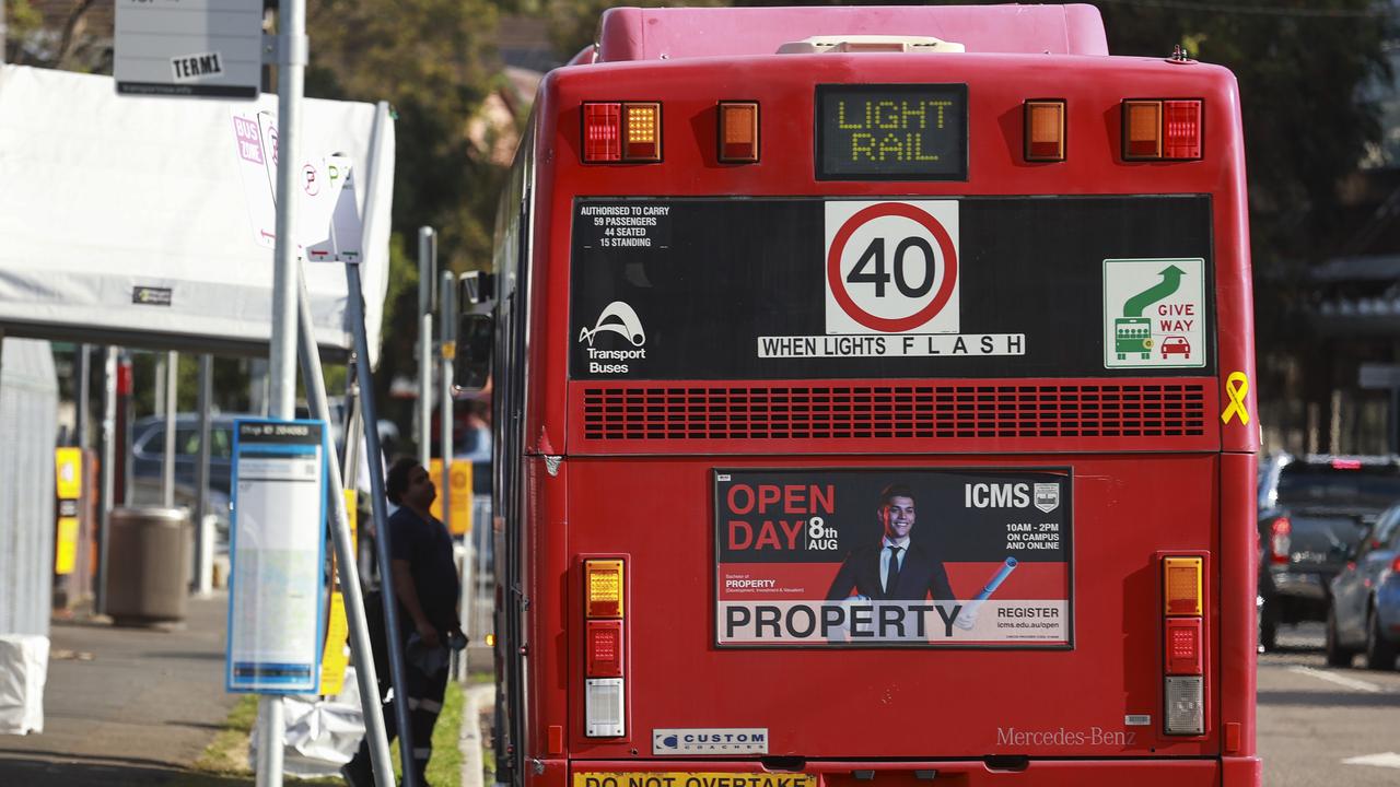 Buses replacing light rail services at Lilyfield on Monday. Picture: Justin Lloyd