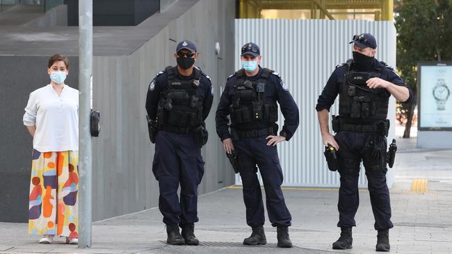 Police in the Brisbane CBD after activists announced plans for a anti-lockdown protest. Picture: Liam Kidston