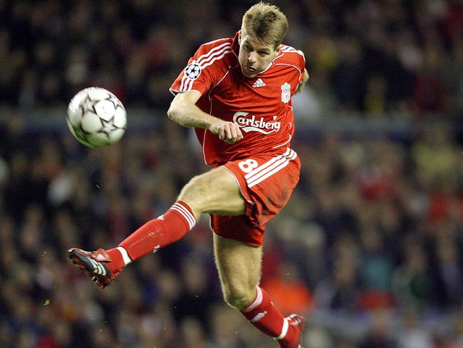 A classic shot of Steven Gerrard in full flight during a 2006 Champions League game.