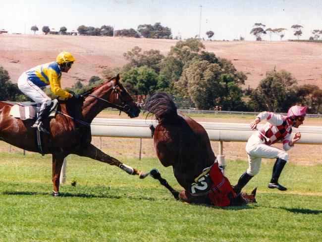 Horseracing - jockey Simon Ryan and racehorse Riviera Red go their separate ways as Malcolm Viant on Fireburst prepares to take evasive action during the Oakbank Maiden Hurdle, 22 Mar 1995. This photographer won "The Advertiser" photographer Martin Jacka a Walkley Award in the category of best features photograph in a newspaper.