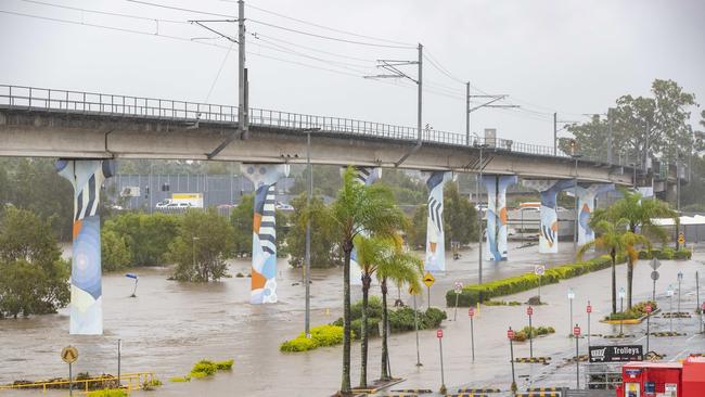 Flooding at the Toombul carpark, which backs on to Schulz Canal. Picture: Richard Walker