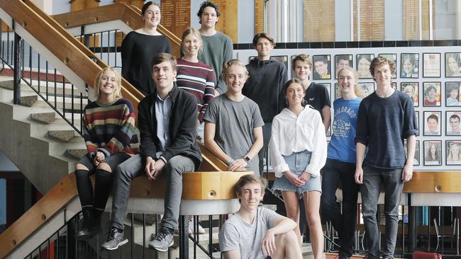 Hobart College students Stella Lees, Georgina Newton, Jack Waller, Amy Osborn, Hugh McKay, Bailey Slyp, Dominic Winter, Charles Howcroft, Venus Palmer-Bock, Gabriel Deayton, Mark Stack and James Parkyn were all named on Tasmania’s top 100 academic achievers list. Picture: MATHEW FARRELL