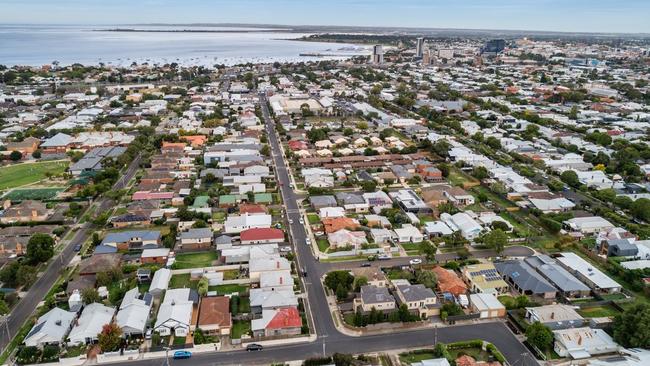 Drone images of the corner 68 Collins St, Geelong West. The house is at the top end of the street behind Pakington Strand shopping centre.